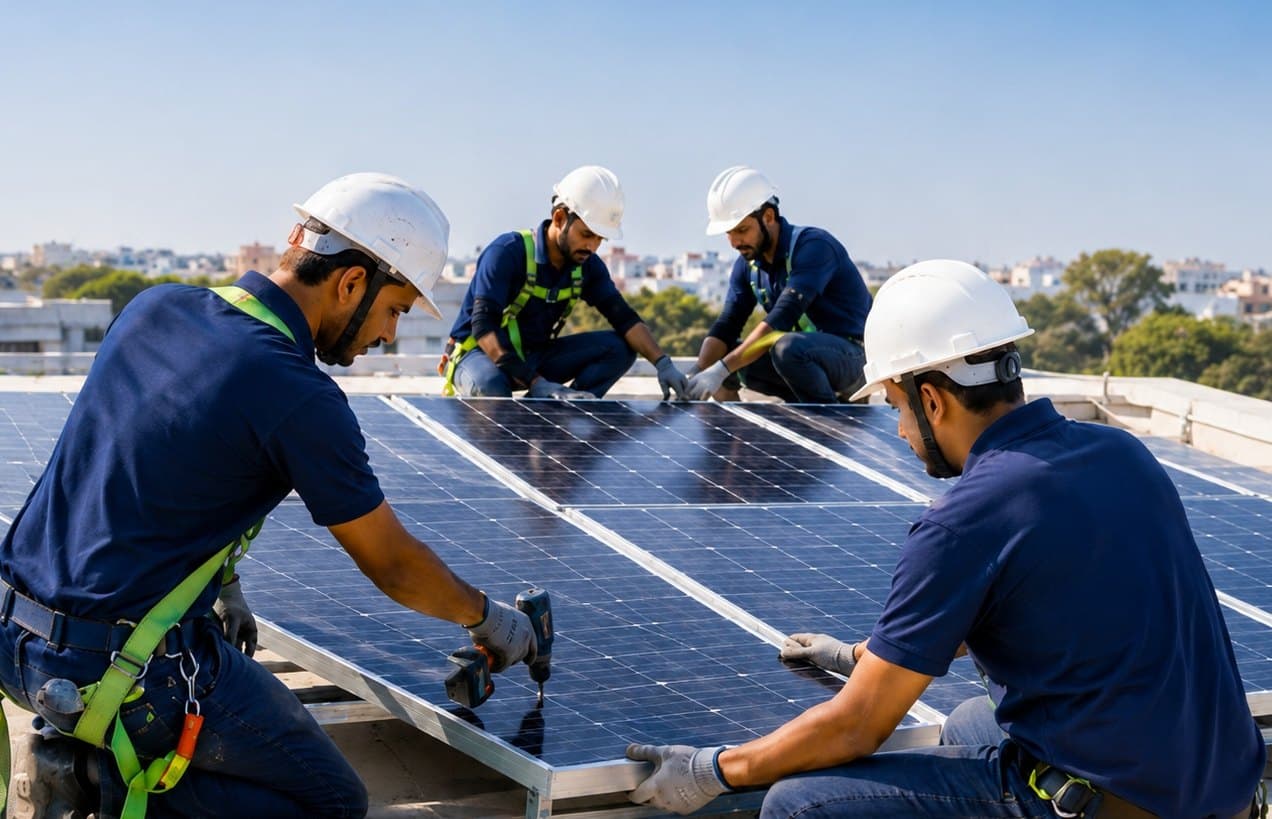 Surya Home installation crew fitting solar modules on a rooftop